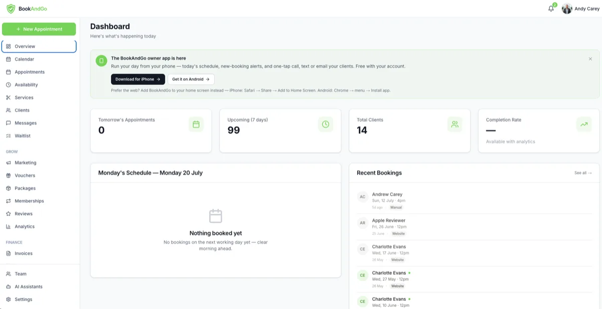 The BookAndGo interface